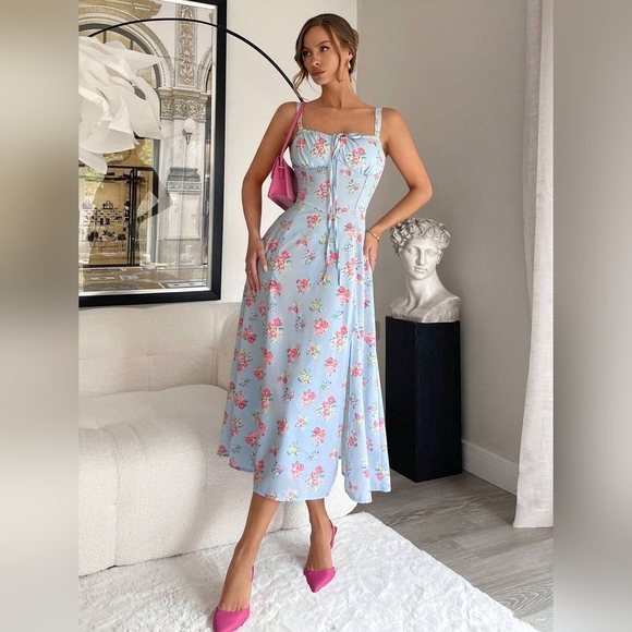 Vintage Garden Queue Patterned Square Neckline Sleeveless Ladies' Dress With Flo - Picture 3 of 6